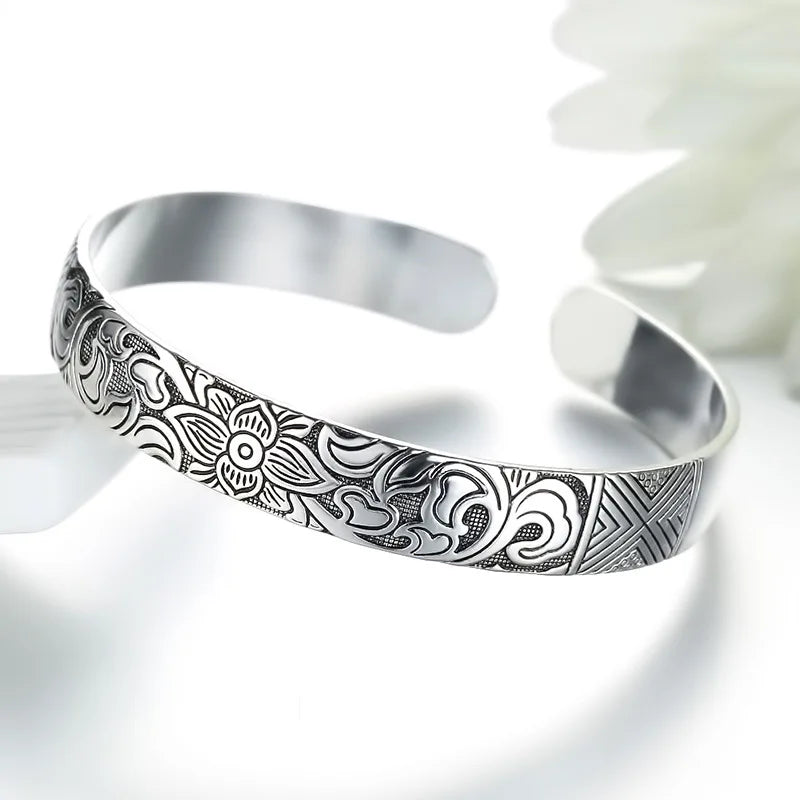 Nouvelle mode couleur argent manchette Bracelet charme femmes Vintage fleur de Lotus fête religieuse bijoux réglable