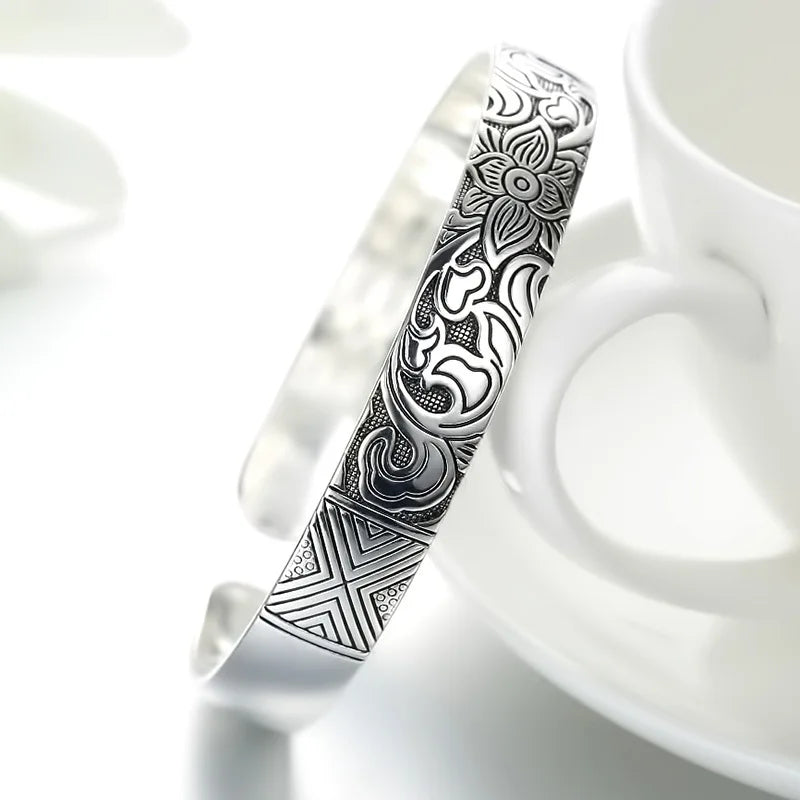 Nouvelle mode couleur argent manchette Bracelet charme femmes Vintage fleur de Lotus fête religieuse bijoux réglable