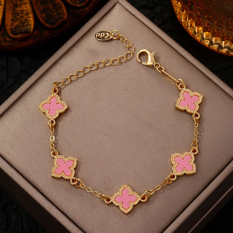 Bracelet trèfle à quatre feuilles vintage de luxe en strass pour femmes et filles, bijou de poignet à cinq feuilles, chaîne de poignet tendance, cadeaux