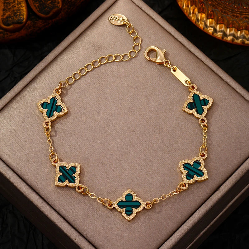 Bracelet trèfle à quatre feuilles vintage de luxe en strass pour femmes et filles, bijou de poignet à cinq feuilles, chaîne de poignet tendance, cadeaux