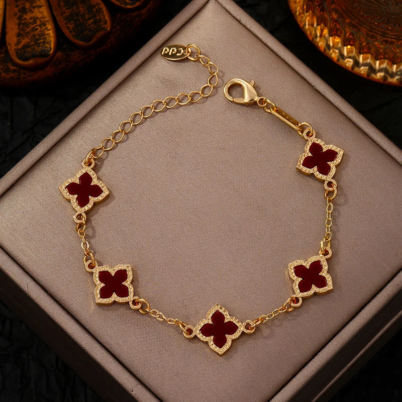 Bracelet trèfle à quatre feuilles vintage de luxe en strass pour femmes et filles, bijou de poignet à cinq feuilles, chaîne de poignet tendance, cadeaux