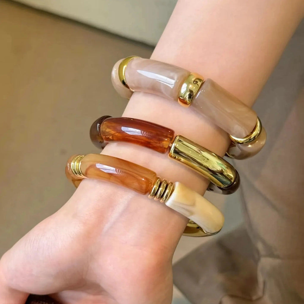 Bracelets vintage en résine pour femmes, bracelets minimalistes en acier inoxydable plaqué or 18 carats, bijoux de mode simples, cadeau pour filles