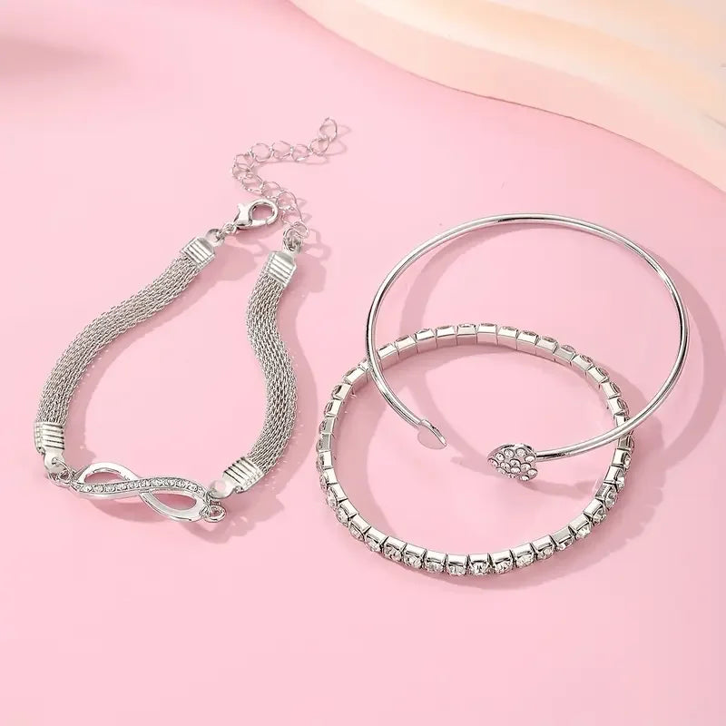 Ensemble de 3 bracelets vintage en cristal et strass en forme de cœur pour femmes, style géométrique tendance, jonc infini ajustable, bijoux cadeaux