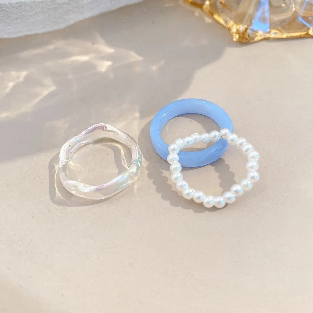 Ensemble de 3 bagues colorées en résine et perles pour femmes et filles, style vintage, simples, en acrylique, bijoux de mode, cadeaux de fête