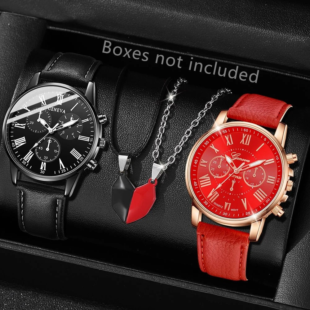 Ensemble de 1/2 montres en cuir décontractées et élégantes pour couple, cadran simple, montres-bracelets à quartz pour femmes, montres habillées