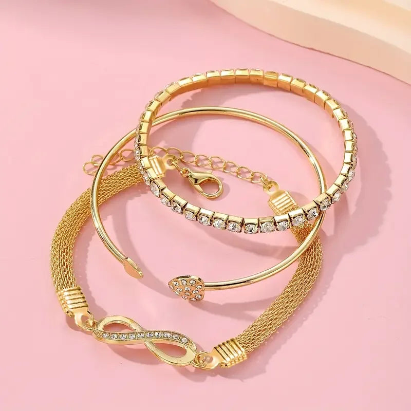 Ensemble de 3 bracelets vintage en cristal et strass en forme de cœur pour femmes, style géométrique tendance, jonc infini ajustable, bijoux cadeaux