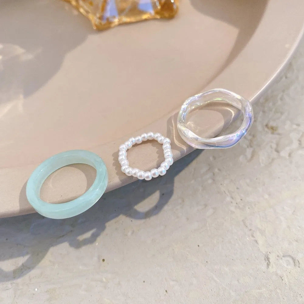 Ensemble de 3 bagues colorées en résine et perles pour femmes et filles, style vintage, simples, en acrylique, bijoux de mode, cadeaux de fête