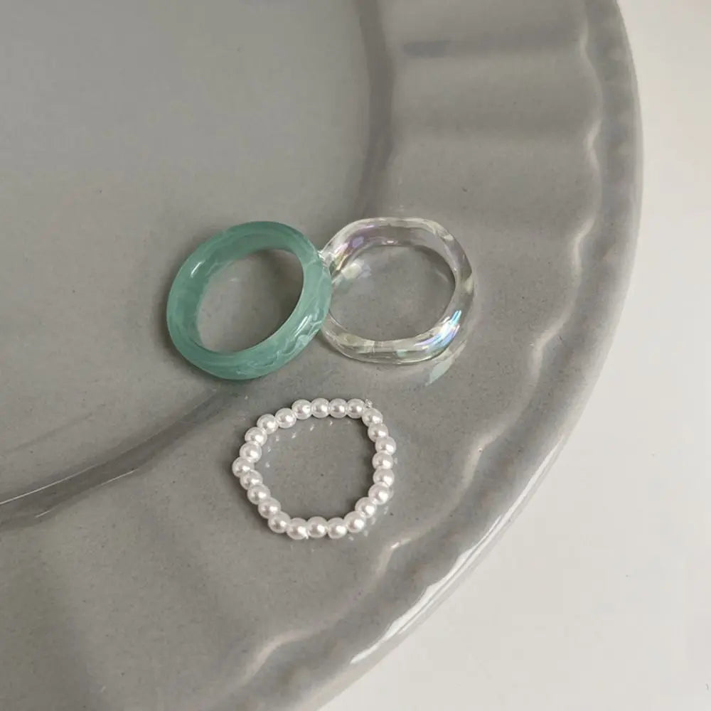 Ensemble de 3 bagues colorées en résine et perles pour femmes et filles, style vintage, simples, en acrylique, bijoux de mode, cadeaux de fête