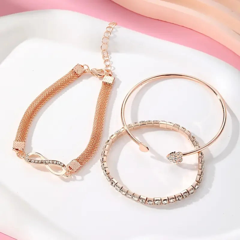 Ensemble de 3 bracelets vintage en cristal et strass en forme de cœur pour femmes, style géométrique tendance, jonc infini ajustable, bijoux cadeaux
