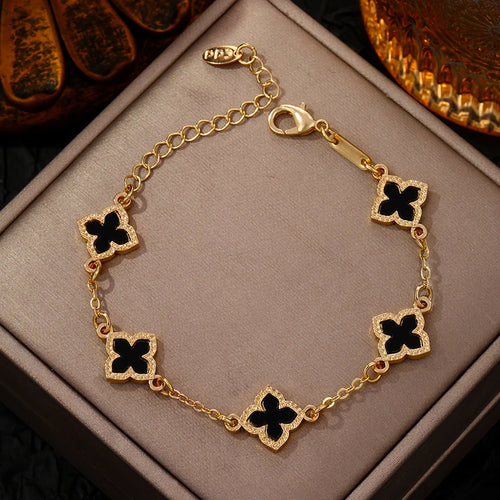 Bracelet trèfle à quatre feuilles vintage de luxe en strass pour femmes et filles, bijou de poignet à cinq feuilles, chaîne de poignet tendance, cadeaux
