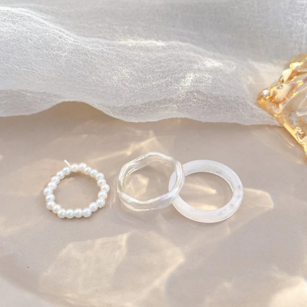 Ensemble de 3 bagues colorées en résine et perles pour femmes et filles, style vintage, simples, en acrylique, bijoux de mode, cadeaux de fête
