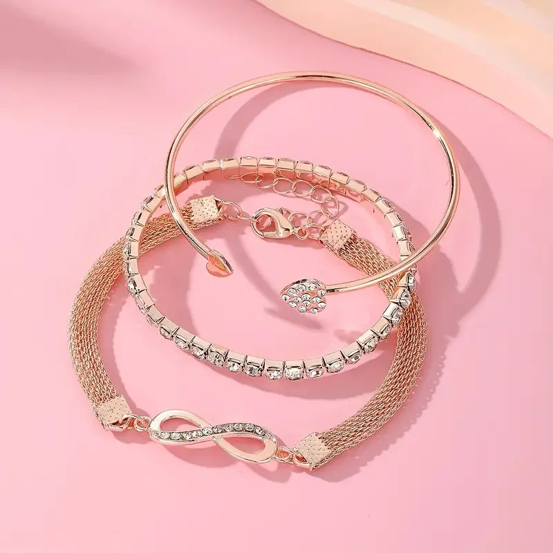 Ensemble de 3 bracelets vintage en cristal et strass en forme de cœur pour femmes, style géométrique tendance, jonc infini ajustable, bijoux cadeaux