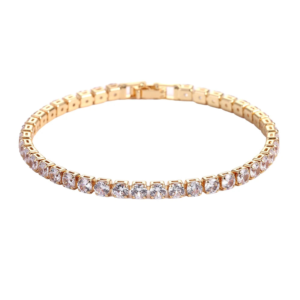 Bracelet de tennis de luxe glacé en cristal de zircone cubique de 4 mm pour femmes et hommes, couleur or et argent, bijou chaîne