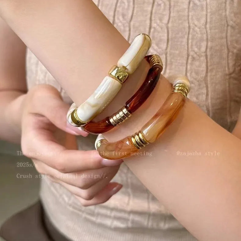 Bracelets vintage en résine pour femmes, bracelets minimalistes en acier inoxydable plaqué or 18 carats, bijoux de mode simples, cadeau pour filles
