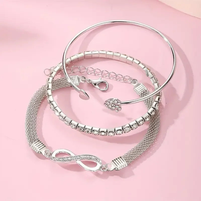 Ensemble de 3 bracelets vintage en cristal et strass en forme de cœur pour femmes, style géométrique tendance, jonc infini ajustable, bijoux cadeaux