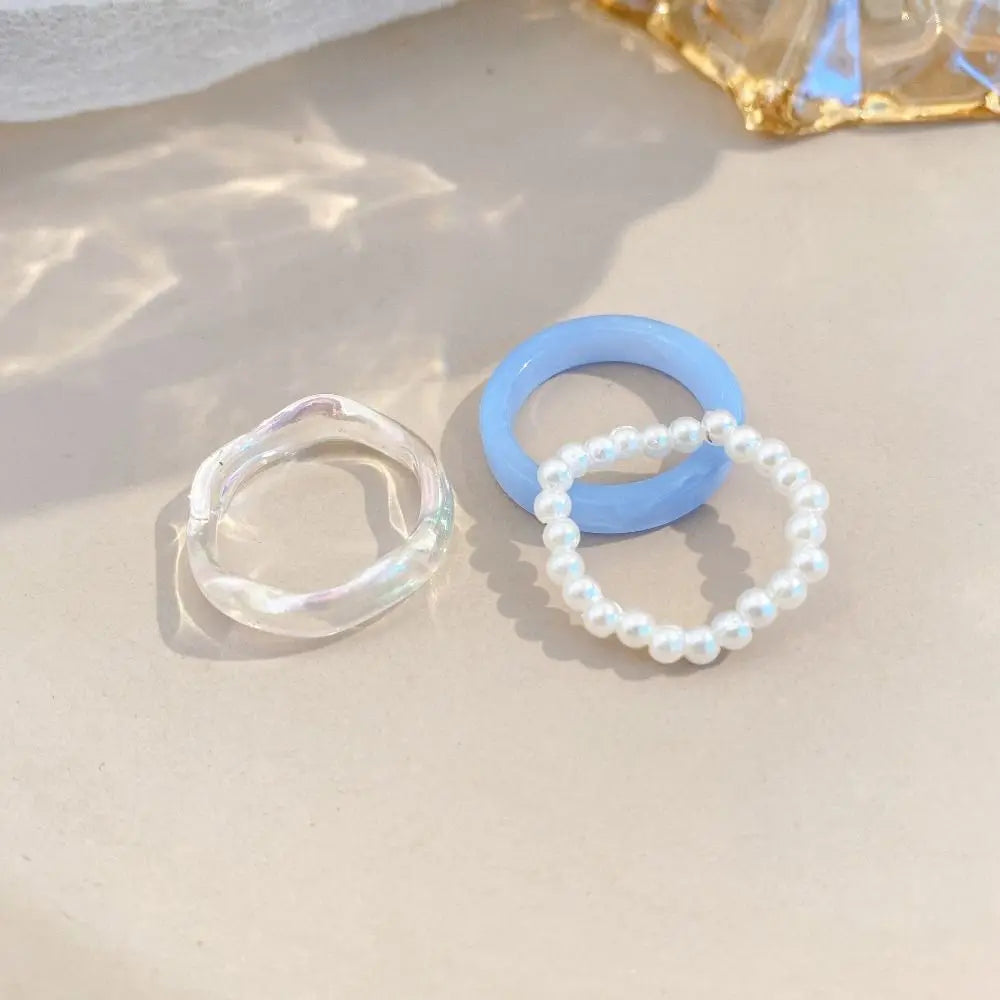 Ensemble de 3 bagues colorées en résine et perles pour femmes et filles, style vintage, simples, en acrylique, bijoux de mode, cadeaux de fête