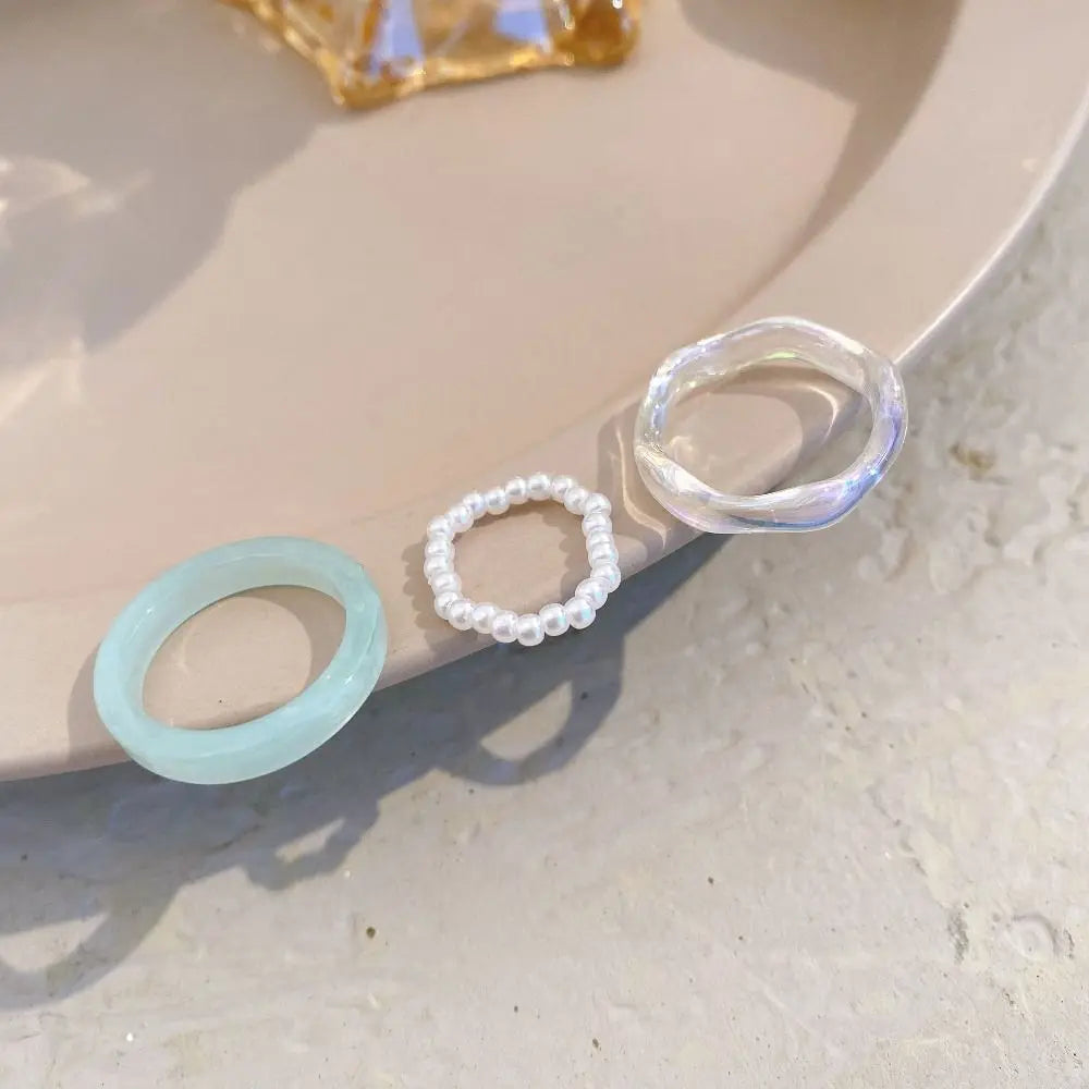 Ensemble de 3 bagues colorées en résine et perles pour femmes et filles, style vintage, simples, en acrylique, bijoux de mode, cadeaux de fête