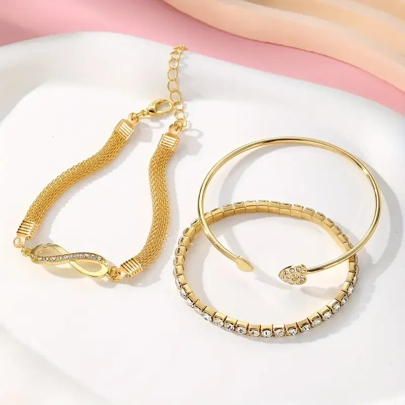 Ensemble de 3 bracelets vintage en cristal et strass en forme de cœur pour femmes, style géométrique tendance, jonc infini ajustable, bijoux cadeaux