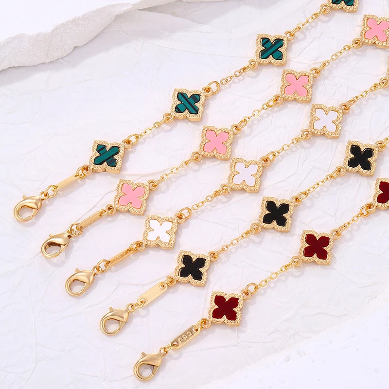 Bracelet trèfle à quatre feuilles vintage de luxe en strass pour femmes et filles, bijou de poignet à cinq feuilles, chaîne de poignet tendance, cadeaux